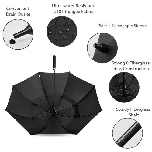 G4Free 62 Inch Umbrella with Telescopic Sleeve Waterproof Large Golf Windproof Rain Umbrellas Non-Drip Oversize Stick Umbrella Heavy Duty Men Transparent Cover（Black）