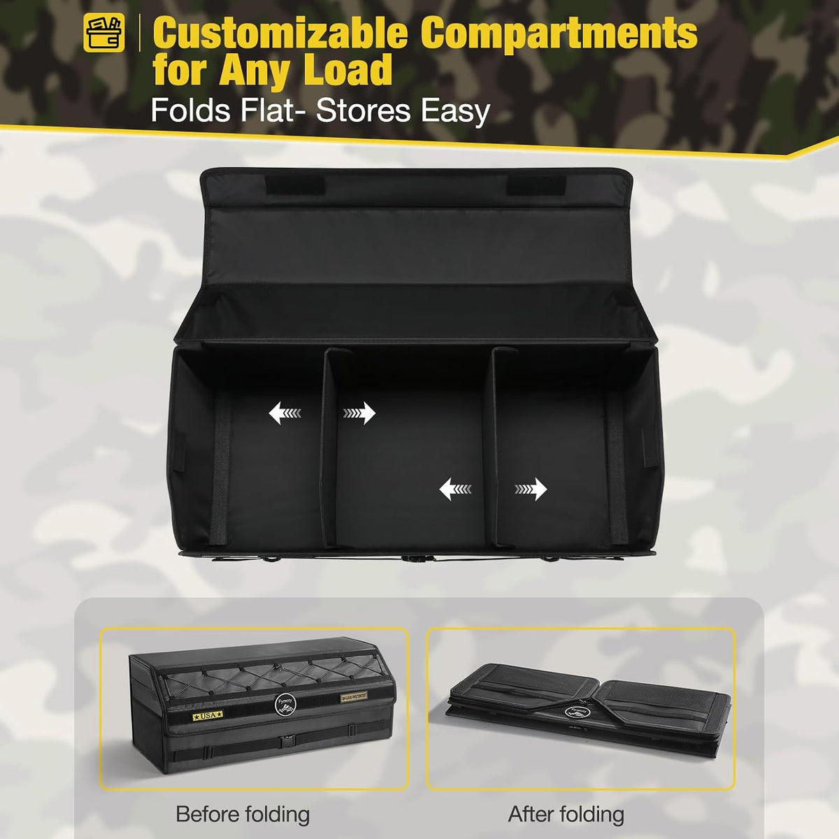Fyzeoty Car Trunk Organizer for SUV and Sedan, Tactical‑Black, 29.5 in | Tactical & Aerospace Oxford, Extra‑Large, Hinged Lid, Collapsible & Adjustable, Water‑Resist & Dust‑Proof