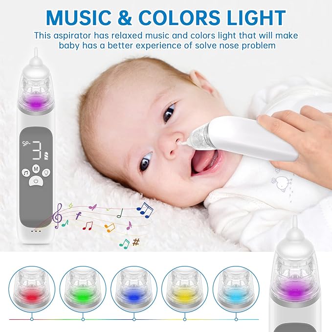 Nasal Aspirator for Baby, Electric Nose Aspirator for Toddler, Nose Sucker with Powerful Suction, Auto Nose Cleaner with 3 Silicone Tips, Adjustable Suction Level, Music and Light Soothing Function