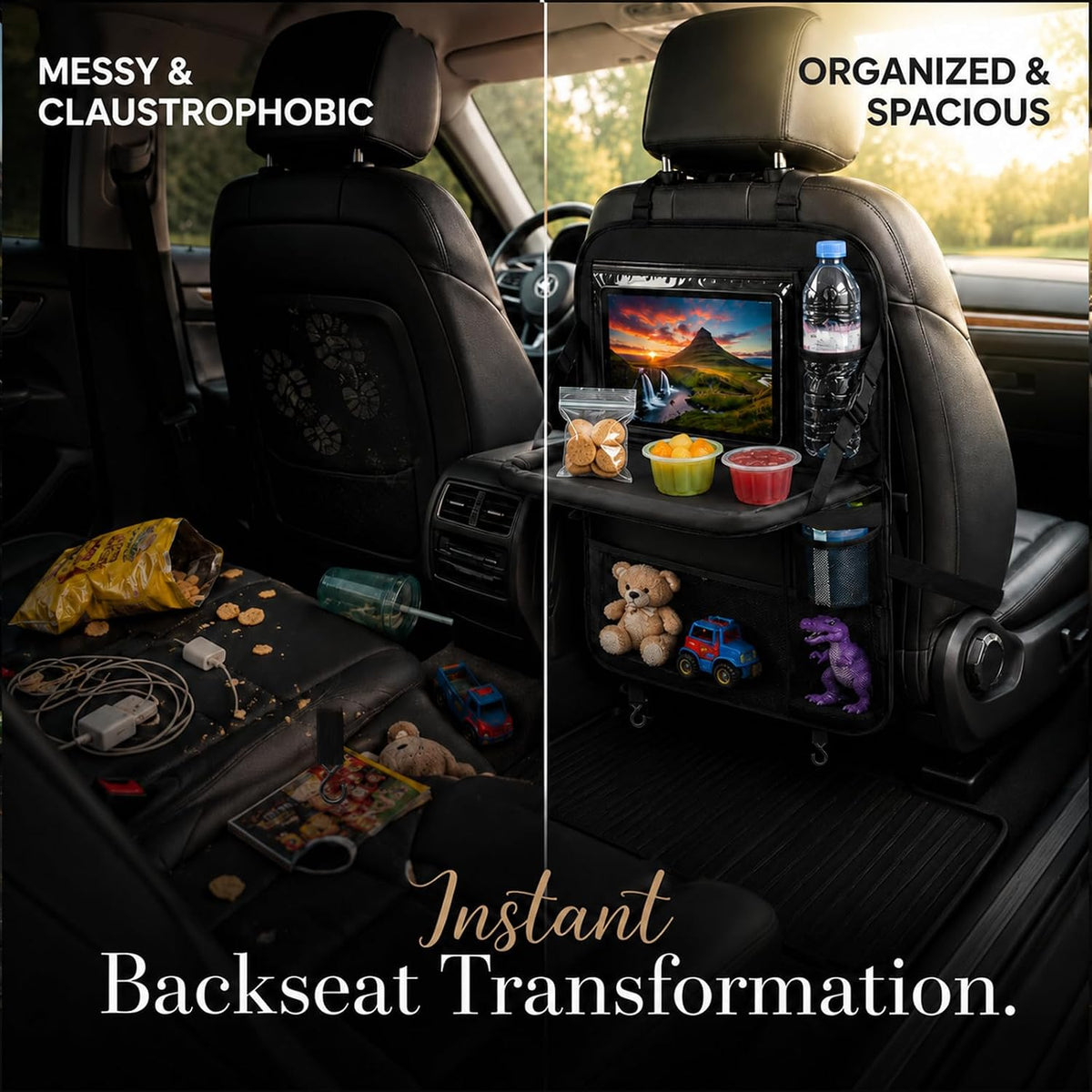 Backseat Car Organizer with Tray Table,Dual 11" Tablet Holder-1 Pack
