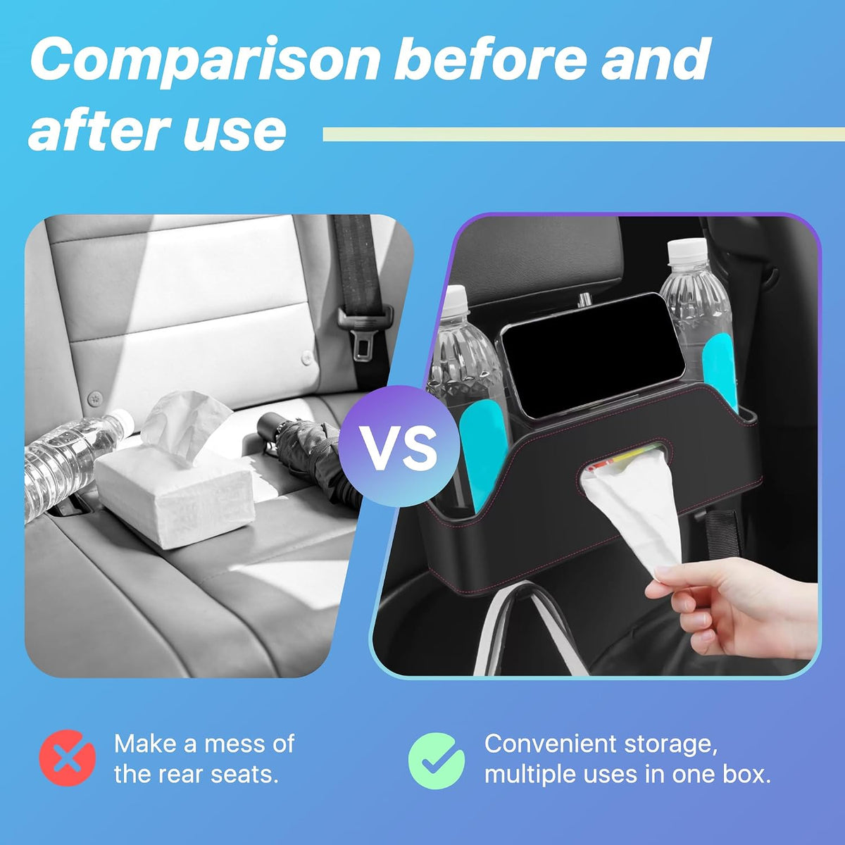 Car Seat Back Organizer, 3-in-1 Vehicle Backseat Storage Box with Cup Holder Tissue Box Trash Bin & Hooks, Multifunctional Auto Interior Headrest Organizer, Universal for SUV RV Truck (Black)