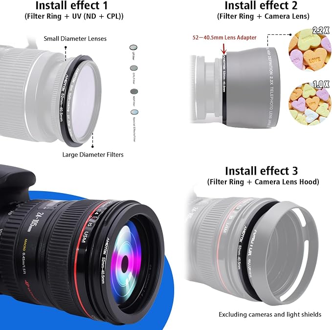52mm Lens to 40.5mm Camera Filters Ring Compatible All 52mm Camera Lenses to