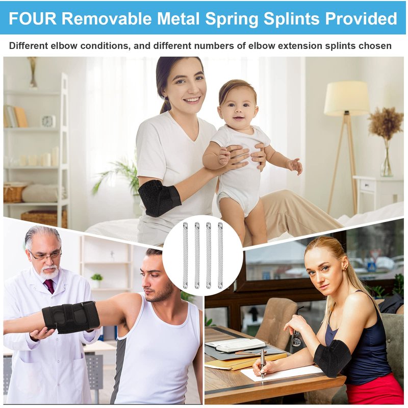 PEIZSON Elbow Splint Tendonitis Elbow Brace, Cubital Tunnel Syndrome Brace with 4 Removable Metal Spring Splints for Sleeping, Elbow Immobilizer for Ulnar Nerve Entrapment， Golfers Elbow (S/M)