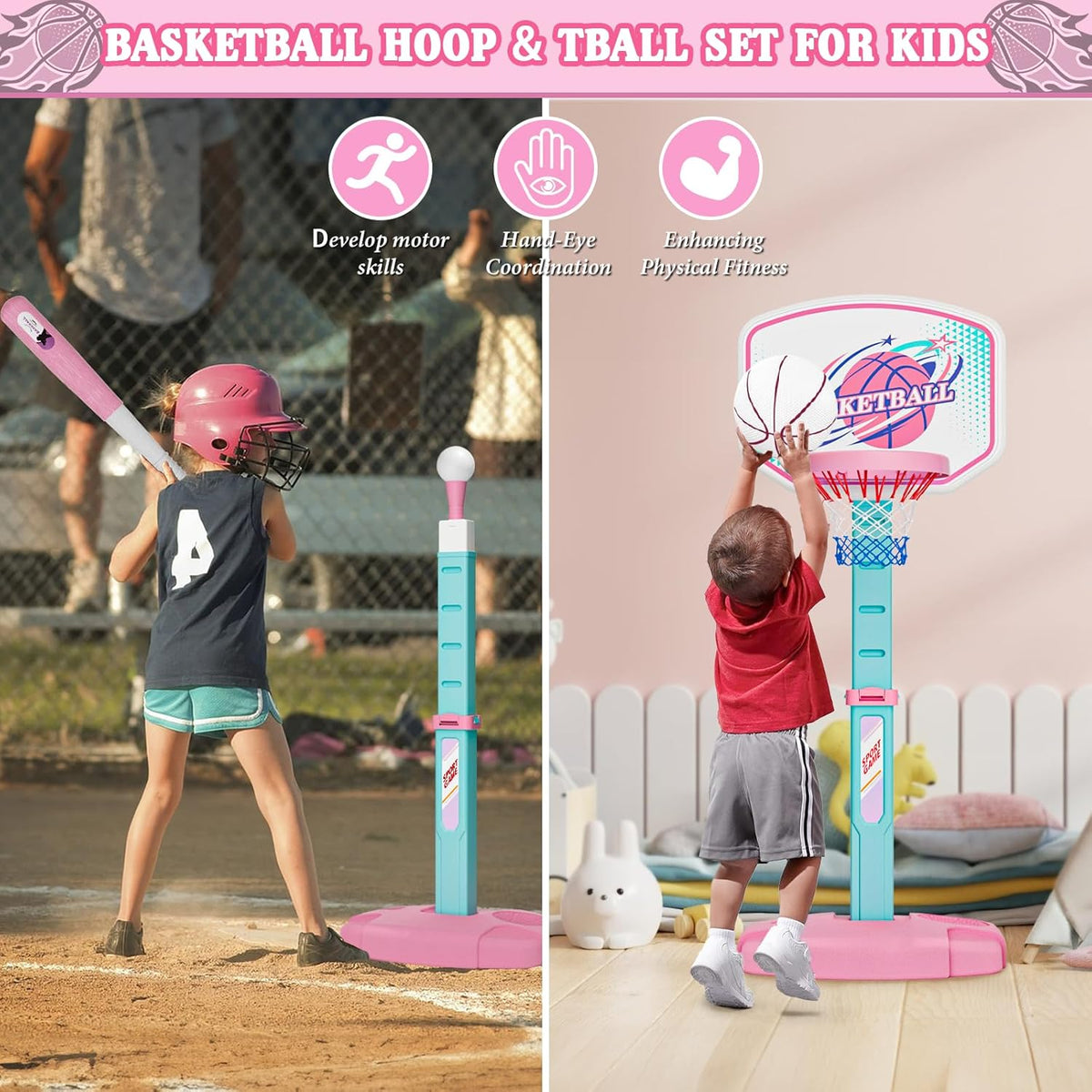 Skiennix 3-in-1 Basketball Hoop & Tee Ball Set - Adjustable Height, Automatic Pitching Machine, Pink | Perfect Outdoor & Indoor Sports Gift for Kids Ages 1-8