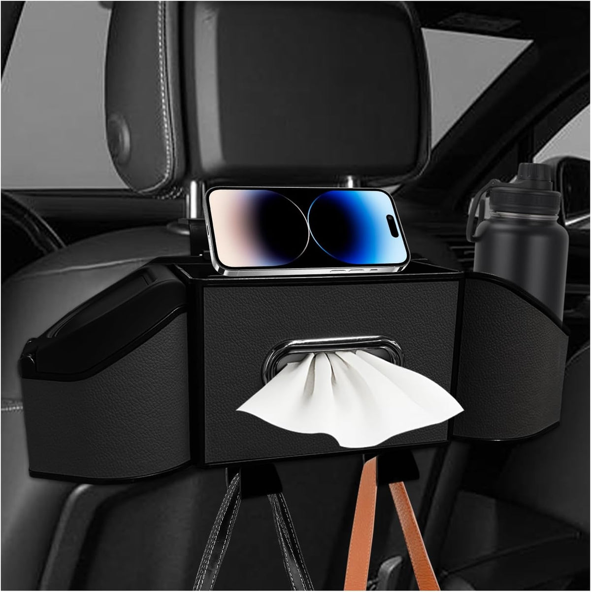 Car Backseat Organizer, 7-In-1 Multifunctional Car Headrest Storage Box with Hook Phone Holder & Cup Holder, Vehicle Hanging Seat Back Organizer for Hold Phone Snacks Drinks (Gray)