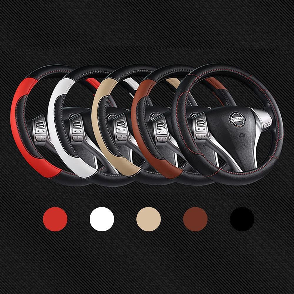 Leather Car Steering Wheel Cover, Non-Slip Car Wheel Cover Protector Breathable Microfiber Leather Universal Fit for Most Cars(Brown)