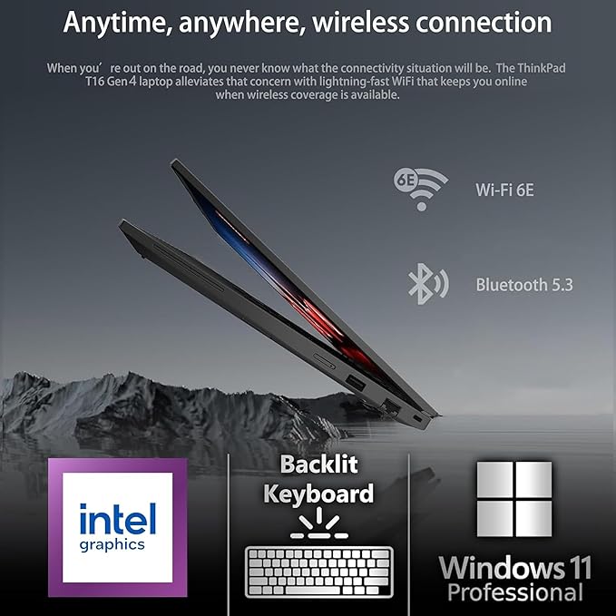 Lenovo ThinkPad T16 Gen 4 AI Business Laptop 16” FHD+ Display, Intel Ultra 7 255U (Beats i7-1355U), 16GB DDR5 RAM, 512GB SSD, 5MB Webcam, Fingerprint, Backlit KB, WiFi 6E + BT, RJ-45, HDMI, Win 11 Pro