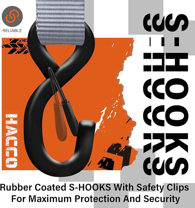HACCOPLANET Ratchet Straps, 5280lb Break Strengeth, 16FT x 1.6" Heavy Duty Ratchet Tie Down Strap Set w/Padded Handle, S Hook, Soft Loop for UTV Motorcycle Truck Cargo Straps (Grey, 16FT)