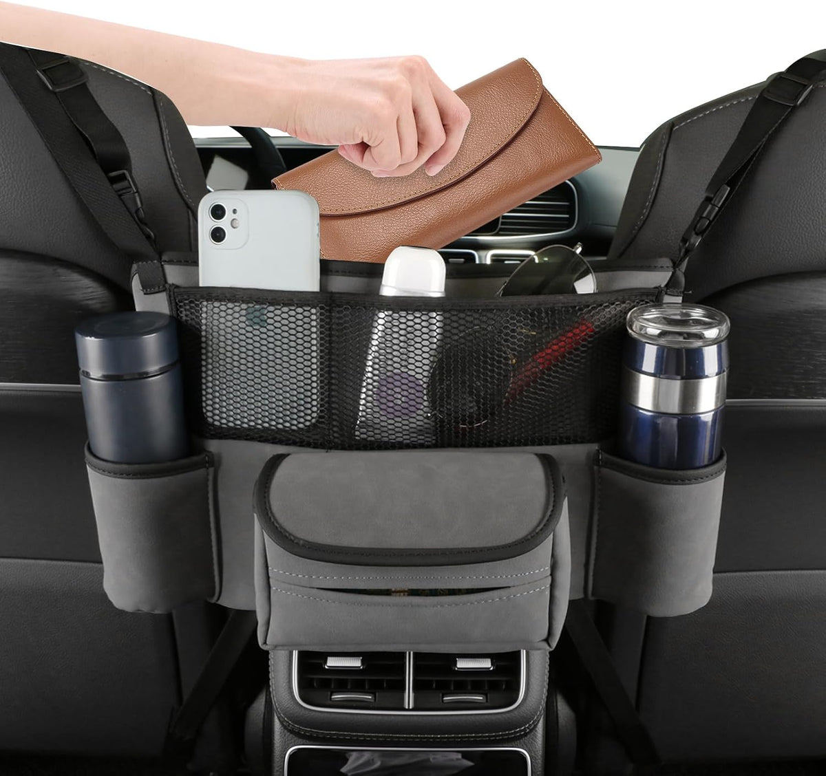 Leather Car Seat Organizer for Handbag/Purse – Fits Between Front Seats, Holds Wallet, Phone & Essentials. (Modle A/Blue)