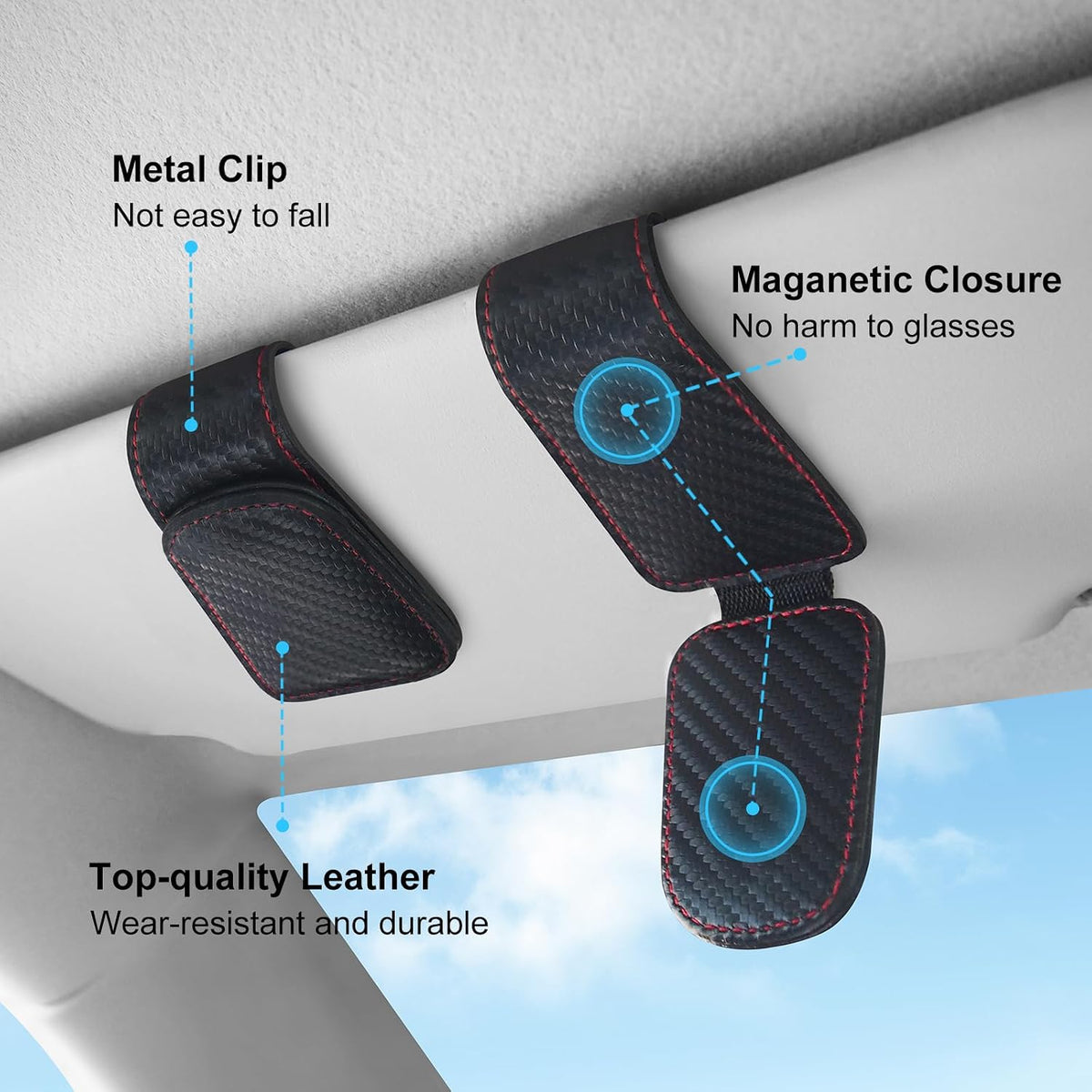 TCJJ Sunglasses Holders for Car Visor,Car Magnetic Glasses Holder Leather Sunglasses Clip and Ticket Card Clip Suitable for Car Interior Visor and Different Size Eyeglasses(Carbon Fiber/2)