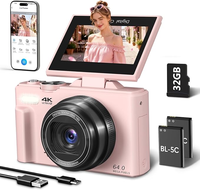 4K Digital Camera for Photography, 64MP Vlogging Camera for YouTube