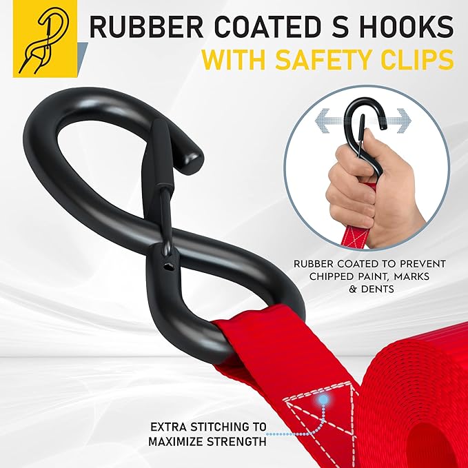 AUGO Ratchet Tie Down Straps -2 PK– 15 FT – 2,200 LB Break Strength – Safety Lock S Hooks –for Moving Cargo, Appliances, Lawn Equipment, Motorcycle – Includes 1 Bungee Cord, 2 Soft Loops, Storage Bag