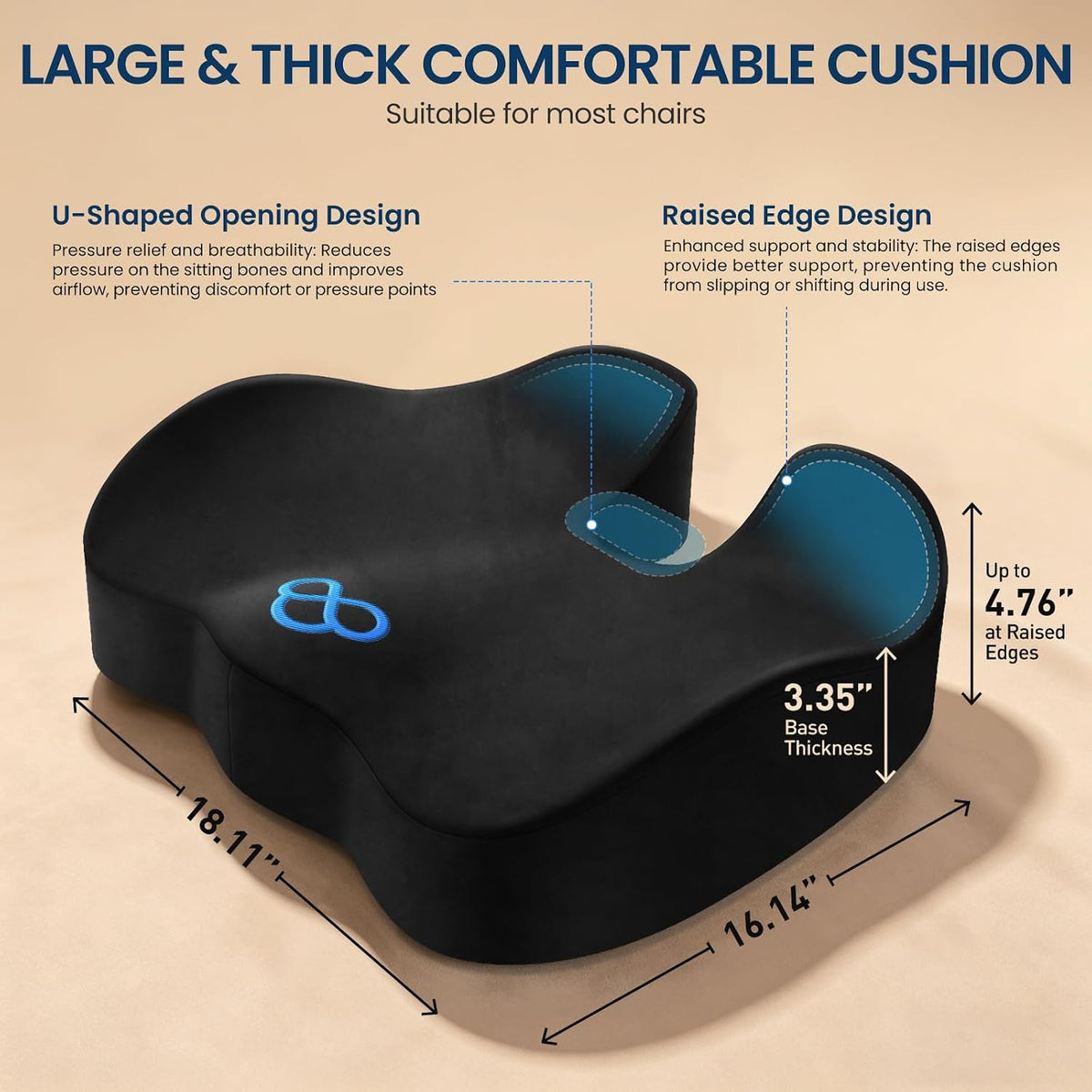 BlissTrends Memory Foam Seat Cushion for Office Chair & Car Seat, Black