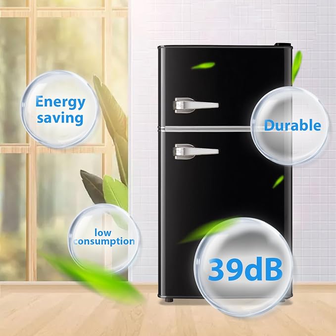 3.5 Cu.Ft Retro Mini Fridge with Handle Compact Refrigerator Black | Dual Door Refrigerator with Freezer 7 Gears Temperature Control Ideal for Bedroom Dorm Office