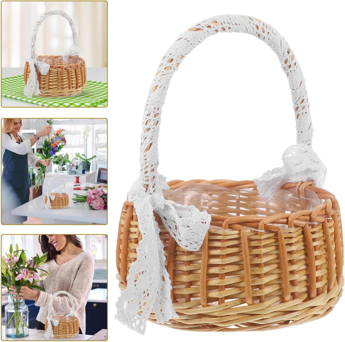 Cabilock Jacquard Woven Wicker Flower Girl Basket with Single Handle 10.23X7.87X7.87 Inch Portable Rattan Basket for Easter Party Ceremony Home Decor