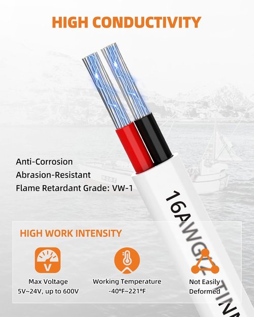 CONEPY 16 Gauge Marine Wire - Waterproof 16/2 Duplex Tinned Copper Cable for Boat, RV, Solar | 200FT