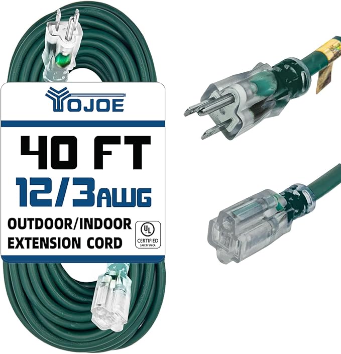 YOJOE Indoor Outdoor Extension Cord with Lighted End, 3 Prong 15A Weatherproof Power Cord, 12 Gauge Heavy Duty 40 ft Green Extension Cord for Garage, Garden and Home, 12/3 SJTW UL Listed