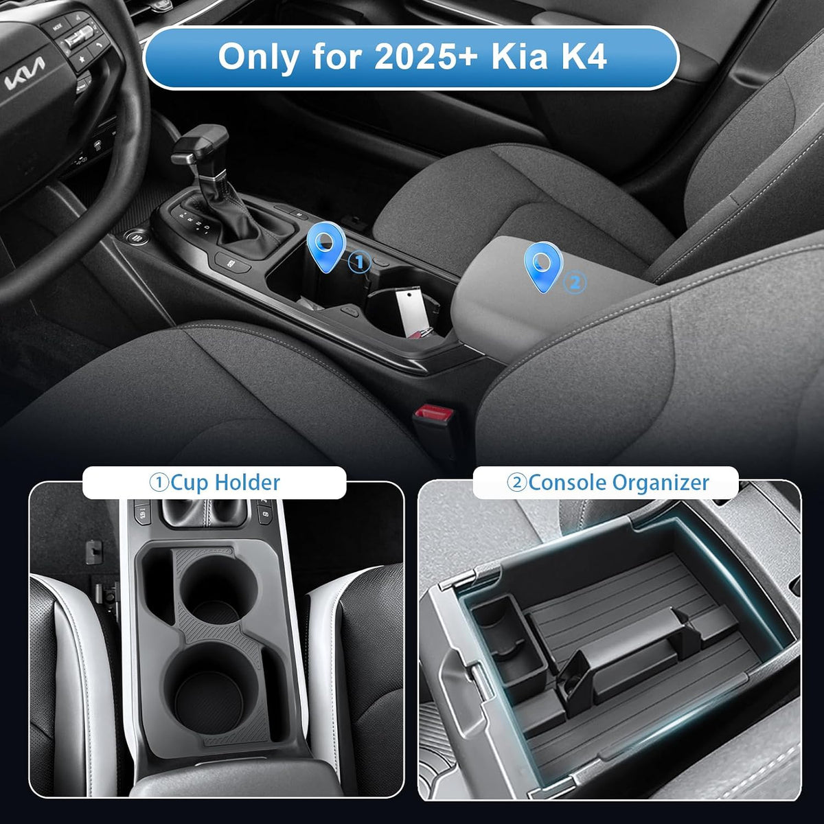 (2Pack) Coleya 2025 2026 K4 Center Console Organizer &Cup Holder for Kia K4 (LX/LXS/EX/GT-Line/GT-Line Turbo), Durable ABS Plastic&Anti-Slip Rubber Console Tray Insert 2026 K4 Accessories