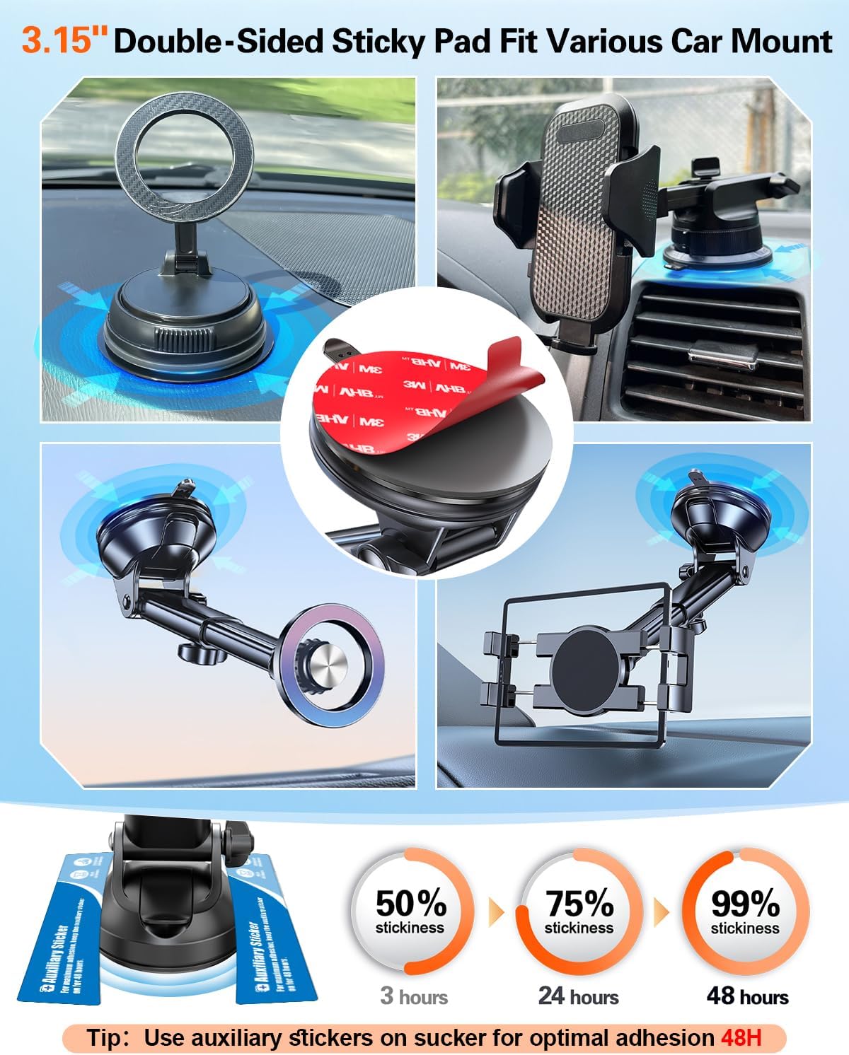 Sticky Adhesive Pad for Suction Cup: 6Pcs 3.15" Heat Resistant Double Sided Tape Replacement for Dashboard Car Mount, 80mm Round Sticker for Dash Windshield Phone Holder with Adhesion Promoter