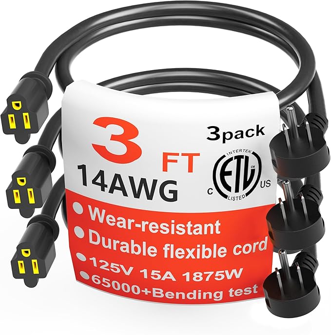 HUANCHAIN 14 Gauge 3 Feet (3 Pack) Flat Plug Extension Cord Black Indoor Outdoor, Heavy Duty 3 Prong Grounded Low Profile Extension Wire Flexible, 15A 1875W 125V 14AWG SJTW, ETL Listed