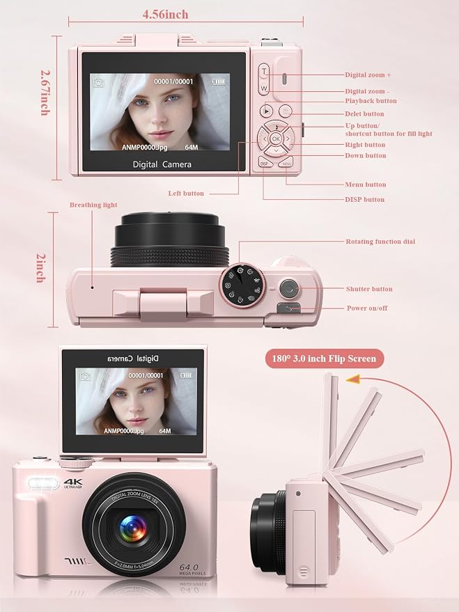 4K Digital Camera for Photography, 64MP Vlogging Camera for YouTube, WiFi Vlog