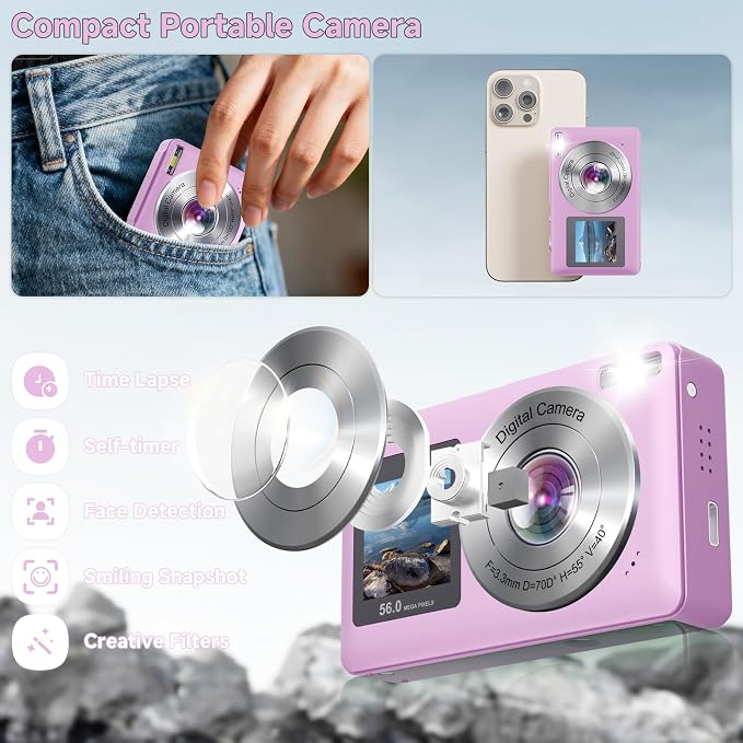 Digital Camera, 56MP 2.7K Dual-Screen Selfie Camera