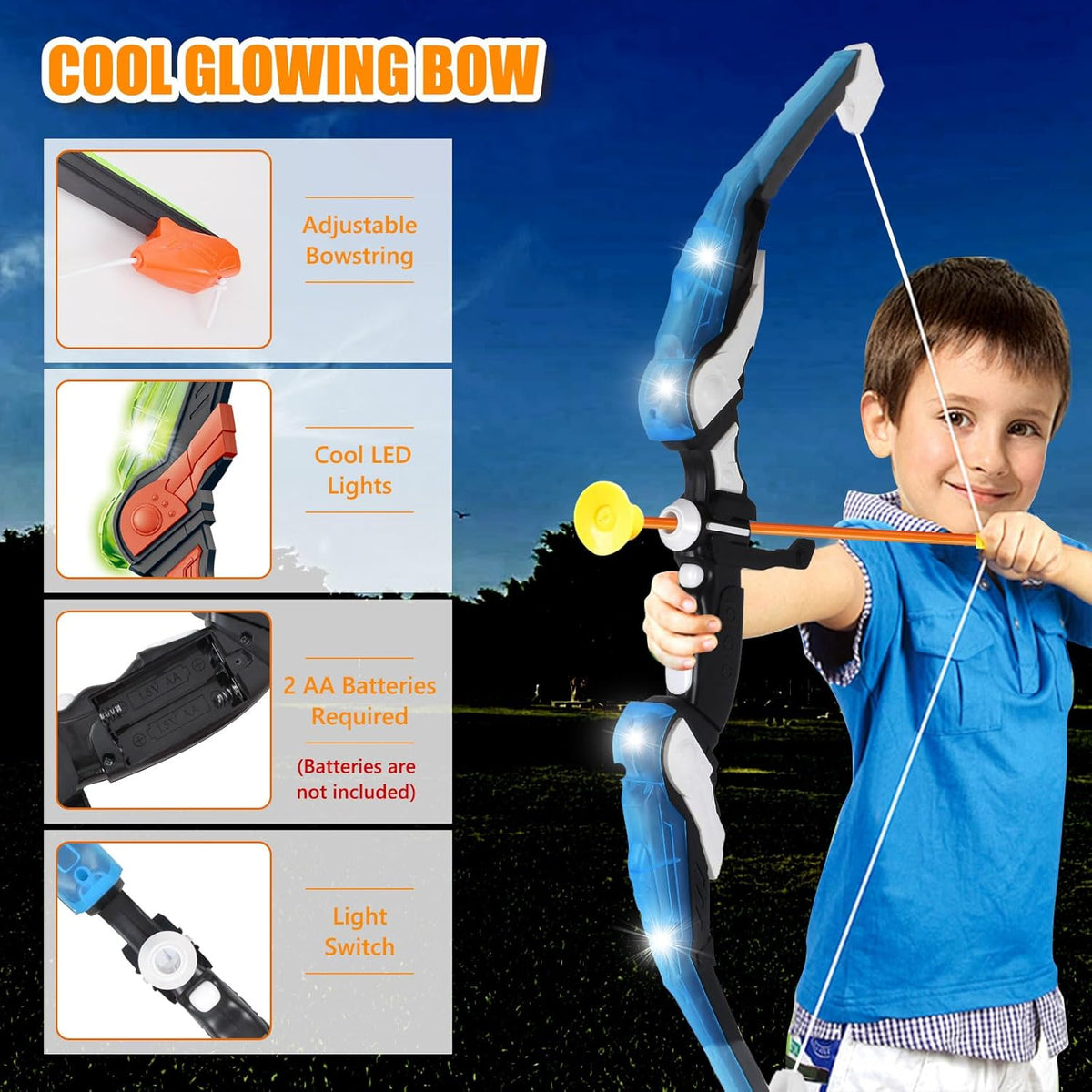 Skiennix Bow and Arrow Set - LED Light-Up Toy for Kids 4-12 | Includes 20 Suction Cup Arrows & Target