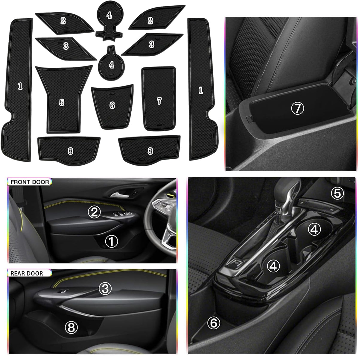 SKTU 2024 2025 2026 Chevy Trax Door Slot Mat for 2024 2025 2026 Chevrolet Trax (LS,1RS,LT,2RS,ACTIV) 14PCS Fit 2024 2025 2026 Chevy Trax Accessories Door Compartment Cup Center Console Liners (Black)