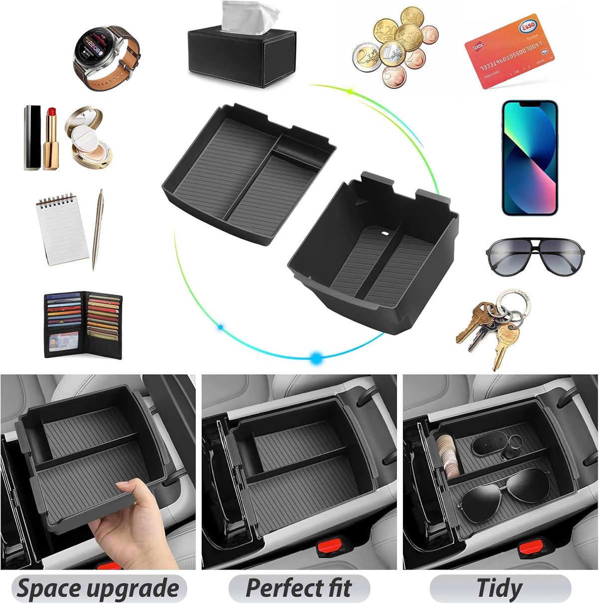 SKTU 2-Pack 2025 2026 Tucson Center Console Organizer for 2025 2026 Hyundai Tucson Limited/Hybrid Console Tray Hyundai Tucson 2025 2026 Accessories with Coin Holder Durable [Double Layers]
