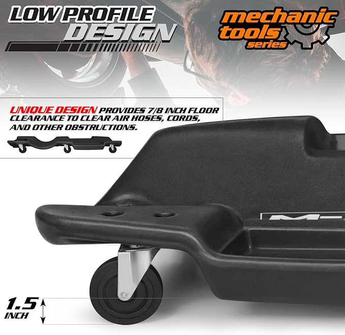 M-AUTO Mechanic Plastic Creeper with Dual Tool Trays, 48" Ergonomic Rolling Garage Shop Creeper with Padded Headrest, 4 Noiseless Casters 350LBS Capacity Black