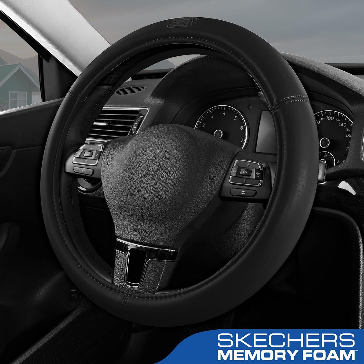 Skechers Memory Foam Steering Wheel Cover,Grade Protein Leather Steering Wheel Cover,Universal Anti-Slip Fit 14" 1/2-15" Car Wheel Cover for Men Women Fit Suvs,Vans,Sedans,Car,Trucks,Black