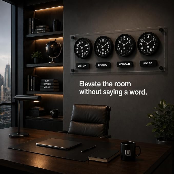 BBHORAIRE Black Time Zone Wall Clock, Silent Quartz Analog World Clock