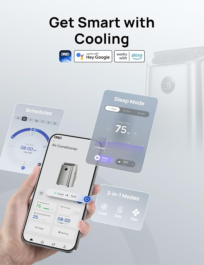 DREO Portable Air Conditioners, 14000 BTU AC Unit for Bedroom with Drainage-Free Cooling, 3-in-1 with Fan & Dehumidifier, Touch/APP/Voice/Remote, 24h Timer, Smart Floor AC for Room Indoors, AC516S