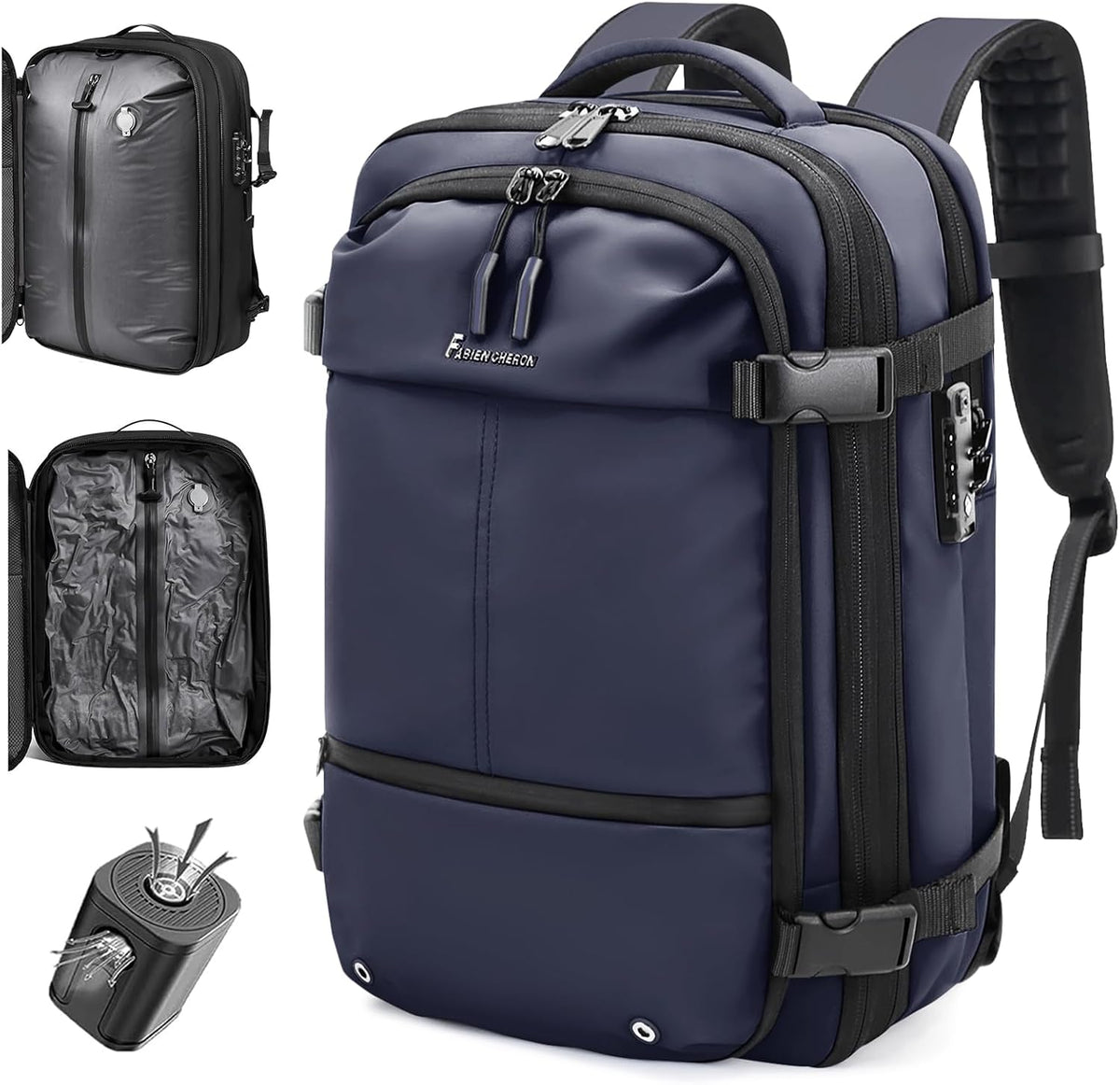 Travel Backpack with Vacuum System,60L Expandable Vacuum Backpack Travel with TSA Lock,17.3 inch Laptop Backpacks Vacpack Backpacks with Vacuum(Blue,External Air Pump)