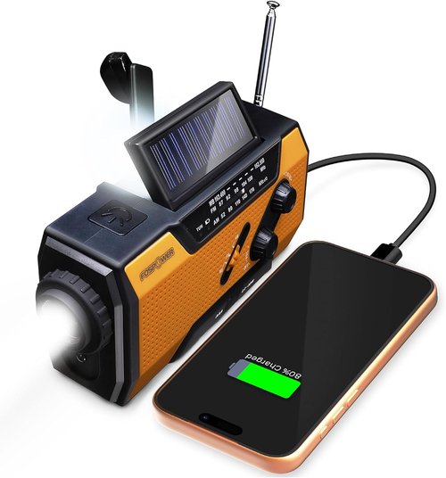 FosPower NOAA Emergency Weather Radio - Portable Power Bank with AM/FM, USB/Solar/Hand Crank Charging | Orange