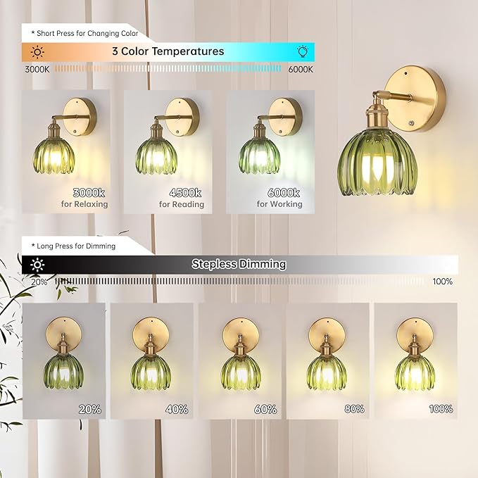 Battery Operated Vintage Wall Sconces with Green Tulip Glass Lampshade Battery Powered Wall Lighting for Bedside Bedroom Doorway, Set of 2