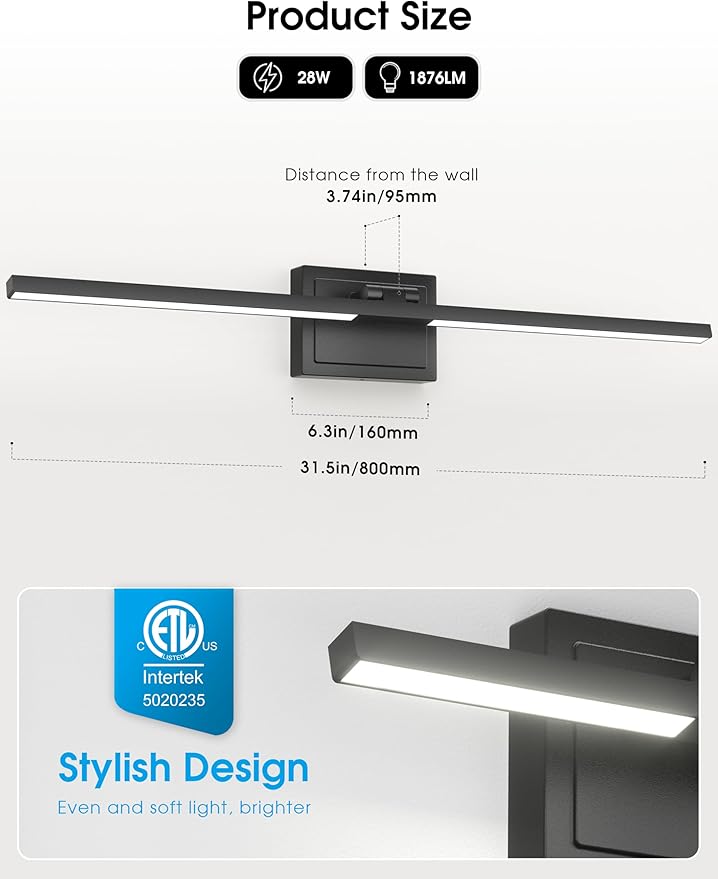 VOLISUN Bathroom Vanity Light 31.5 inch, 5CCT Dimmable, 28W LED Bathroom Light Fixture Over Mirror, Black Bar Vanity Lights for Bathrooms Mirror Cabinets -ETL Certificated