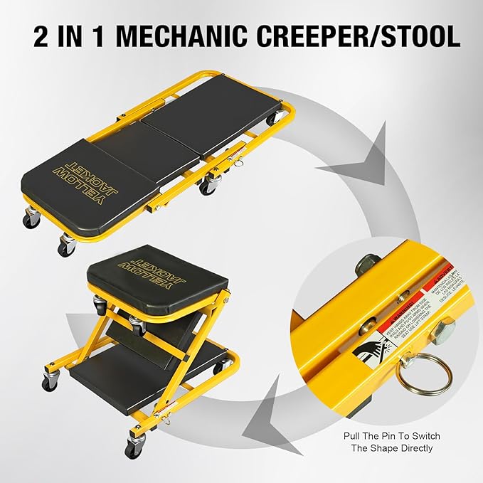 YELLOW JACKET Mechanic Creeper Stool, 40 Inches Extended 2-in-1 Foldable Z-Creeper Rolling Garage Seat with Wheels, Heavy Duty Steel Auto Repair Garage Stool for Shop, 330 LBS Capacity