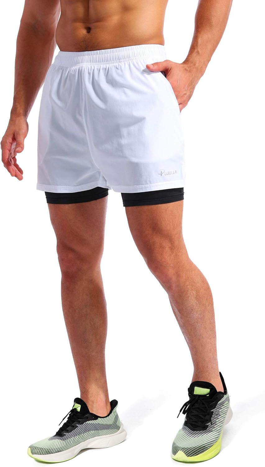 Pudolla Men's 2-in-1 Running Shorts - Quick Dry Athletic Workout Shorts with Phone Pockets | 5" Length