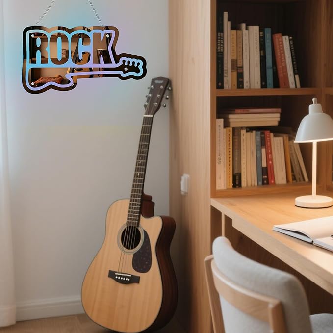 ROCK Neon Sign with Guitar Design Color Changing Mirror LED Wall Light App Control DIY Color Live Music Neon Light Music Party Bar Pub Decor LED Guitar Gift for Kpop Fans Guitar Players