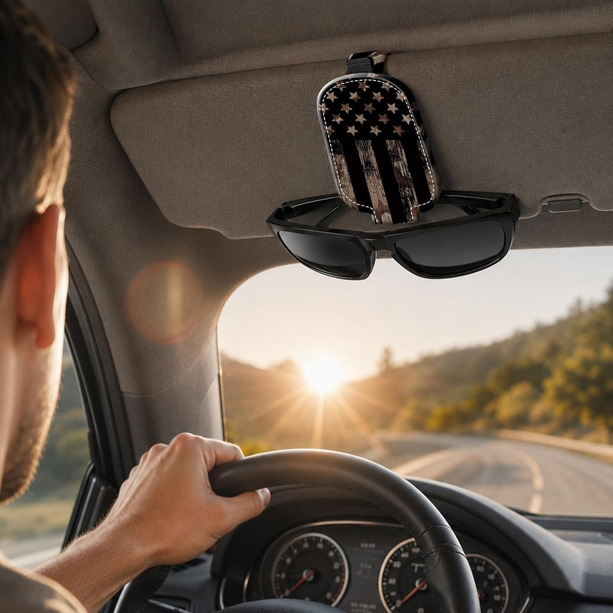 Sunglasses Holder for Car Visor, PU Leather Glasses Clip Organizer, Cute Magnetic Eyeglass Holder for Vehicle Sun Visor, Car Interior Accessory for Women & Men, Black American Flag
