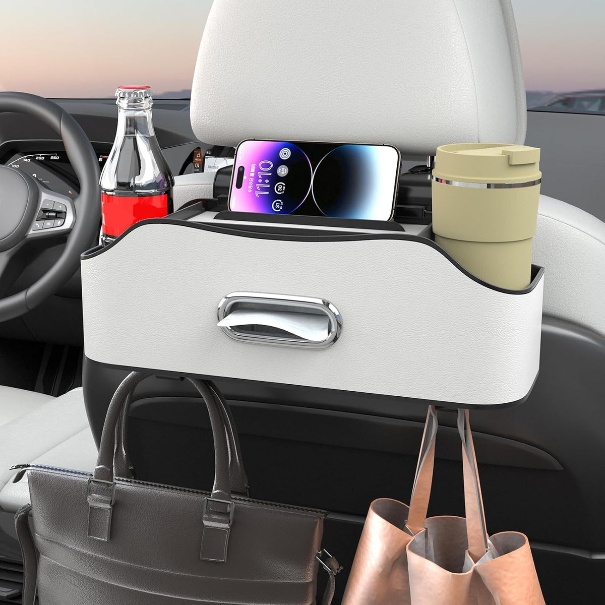 Back Seat Cup Holder for Car – Multifunctional Rear Seat Organizer with Drink Holders, Tissue Box Storage & Hooks, Fits Headrest for Auto, Family Travel Accessories. (Beige)