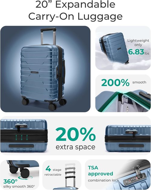 BAGSMART Carry On Luggage - Lightweight 20 Inch Spinner Suitcase with TSA Lock | Airline Approved, Royal Blue