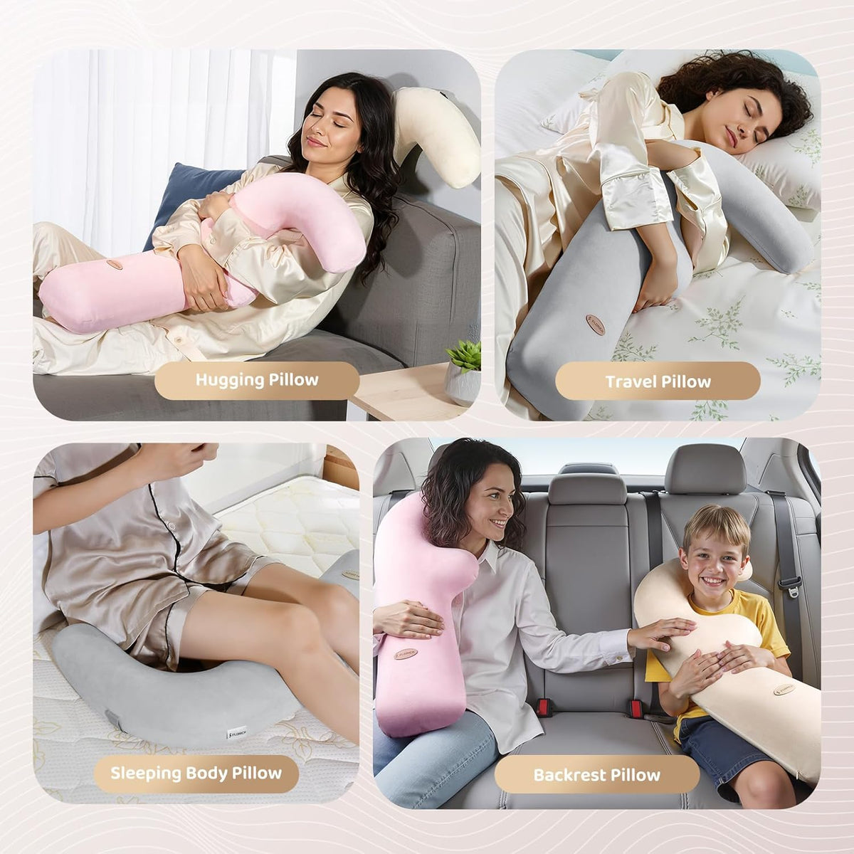 FLORICH Memory Foam Kids Travel Pillow, Car Sleeping Pillow, F-Shape Car Pillows for Adults and Children, Traveling Car Pillow for Kids with Removable Pillowcase (Grey)