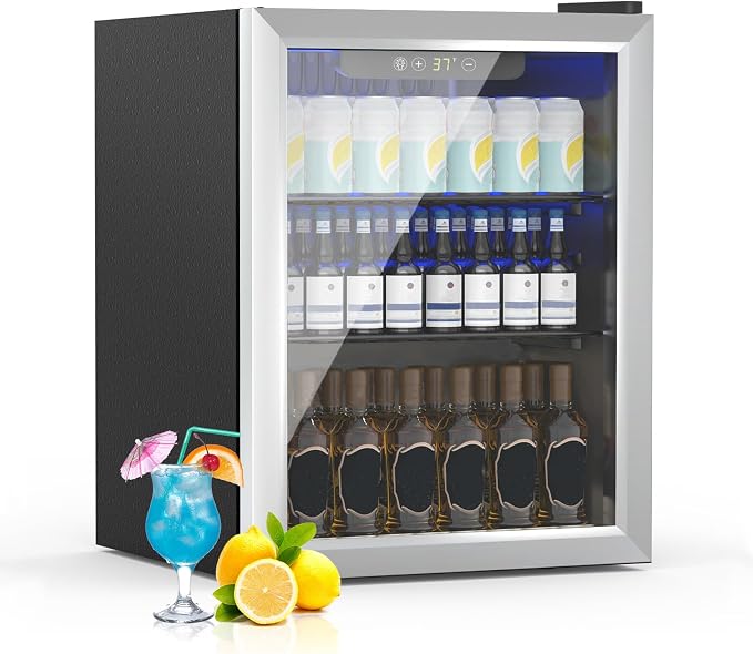 Erivess Mini Fridge 70 Can Beverage Refrigerator Cooler Glass Door for Soda | 1.6 Cu Ft Drink Fridge for Home/Bar/Office with LED Display, Digital Temperature Control, Removable Shelves for Wine, Silver