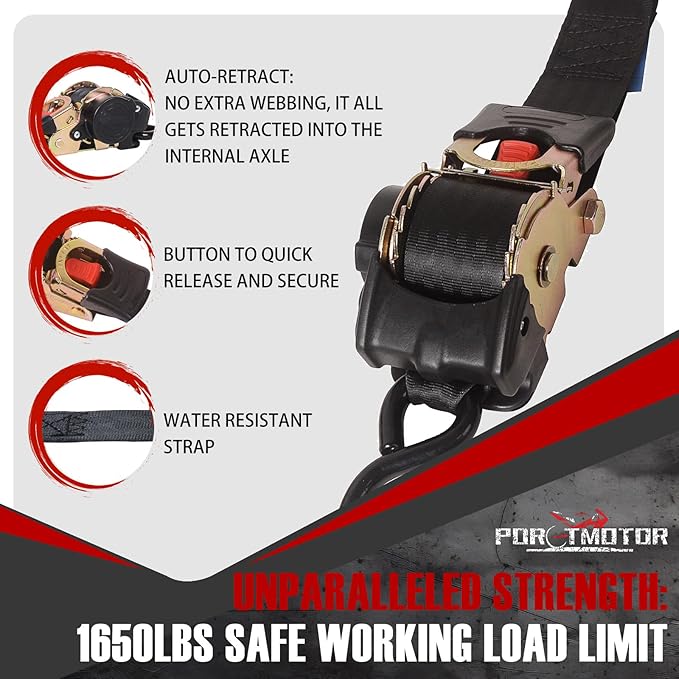 2 Pack Retractable Ratchet Straps (2" × 10'), 3000LBS Break Strength Self Retracting Ratchet Straps Heavy Duty Retractable Tie Down Straps for Motorcycle, Trailers, Boats, ATVs, UTVs