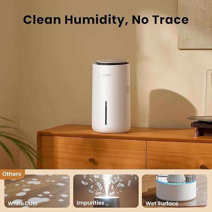 MistFree Evaporative Humidifier for Bedroom, 3L No White Dust for Sensitive Individuals, Auto Humidity Control, Works with Tap Water, Night Light, Easy Clean Tank for Home & Small Room
