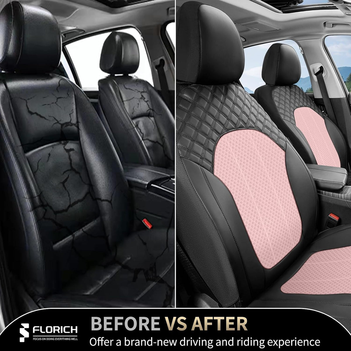 FLORICH Seat Covers Front Seats Pink Seat Cover 2 Pack Leather Mesh Automotive Car Seat Cover Breathable Durable Car Interior Cover Cushion Universal Fit for Most Car SUV Sedan Truck, Black&Pink