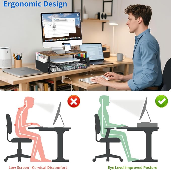 AUPSEN Wood Desk Organizers and Accessories, 2-Tier Computer Monitor Stand Riser