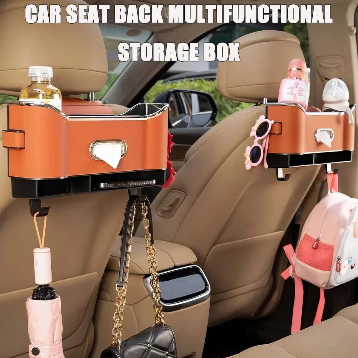 Multifunctional Car Backseat Organizer with Cup Holder, Tissue Box, Trash Bin & Hooks, 3-in-1 Back Seat Car Organizer for Hold Phones, Snacks, Drinks, and Handbags (Original Model - Brown)